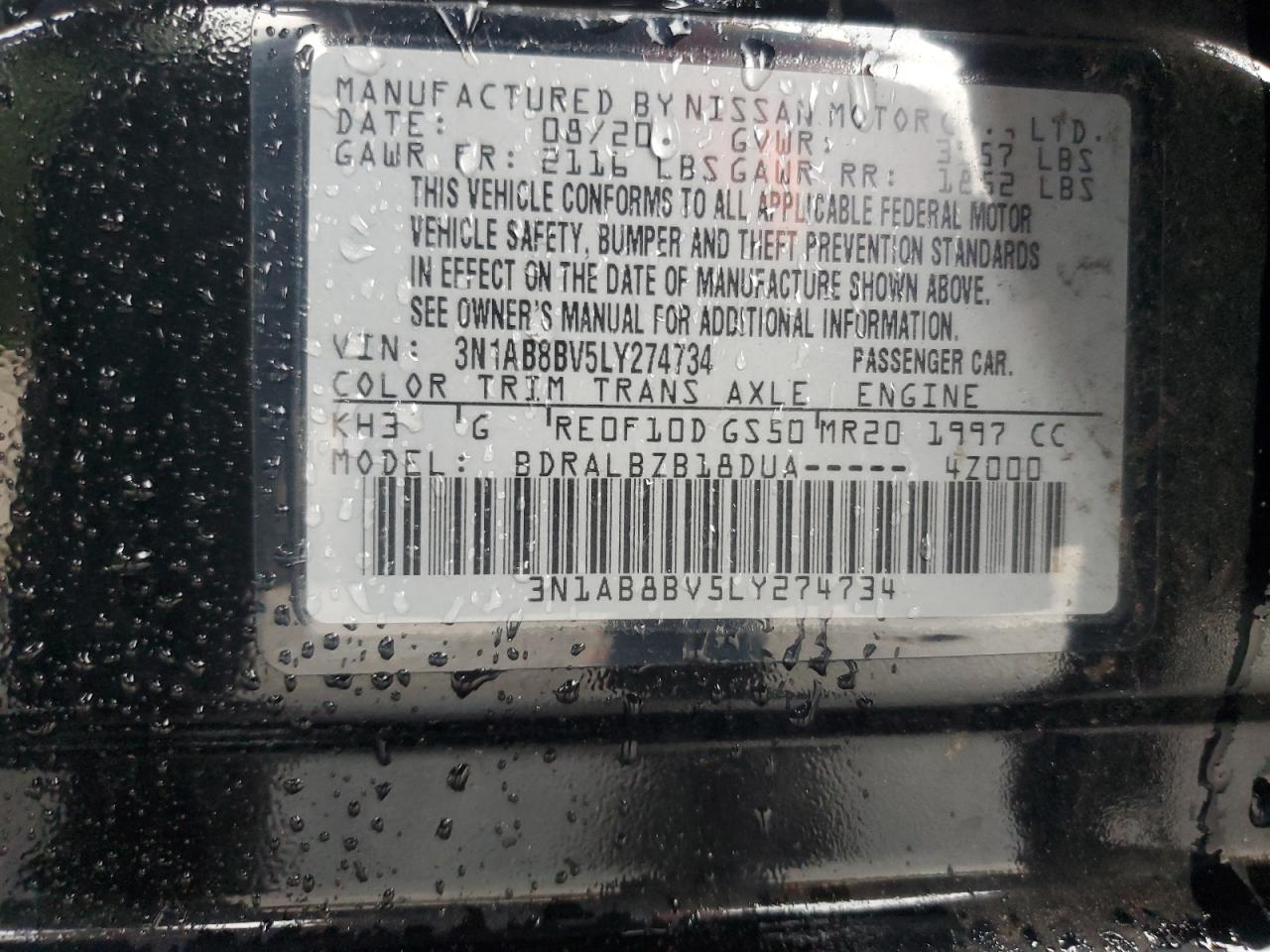 3N1AB8BV5LY274734 2020 Nissan Sentra S