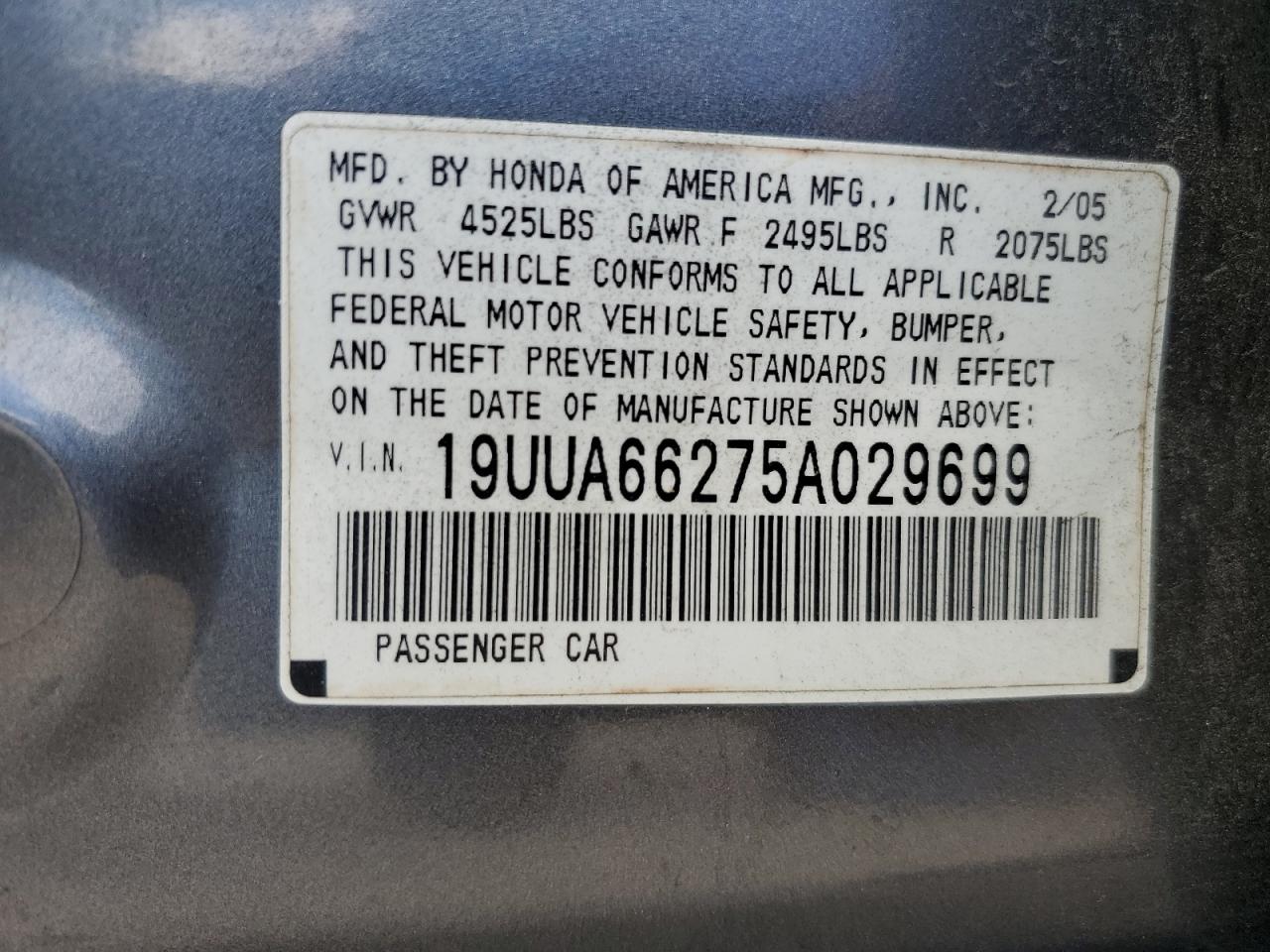 2005 Acura Tl VIN: 19UUA66275A029699 Lot: 78574334