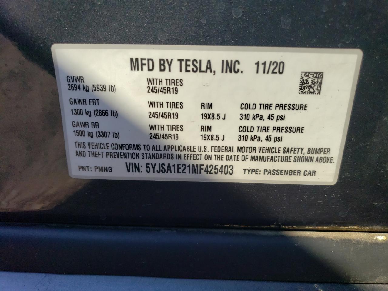 5YJSA1E21MF425403 2021 Tesla Model S