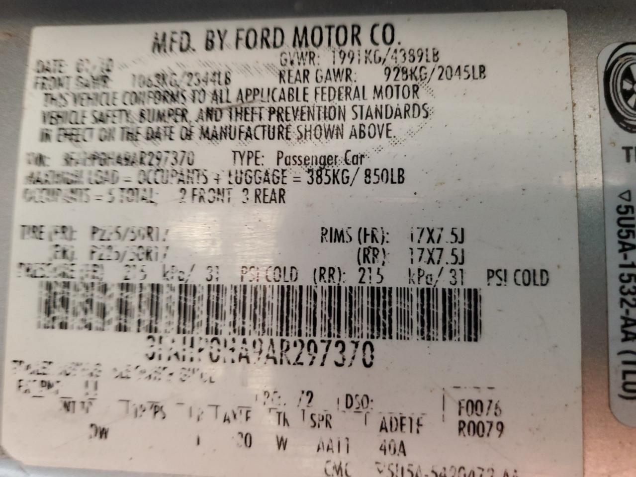 3FAHP0HA9AR297370 2010 Ford Fusion Se