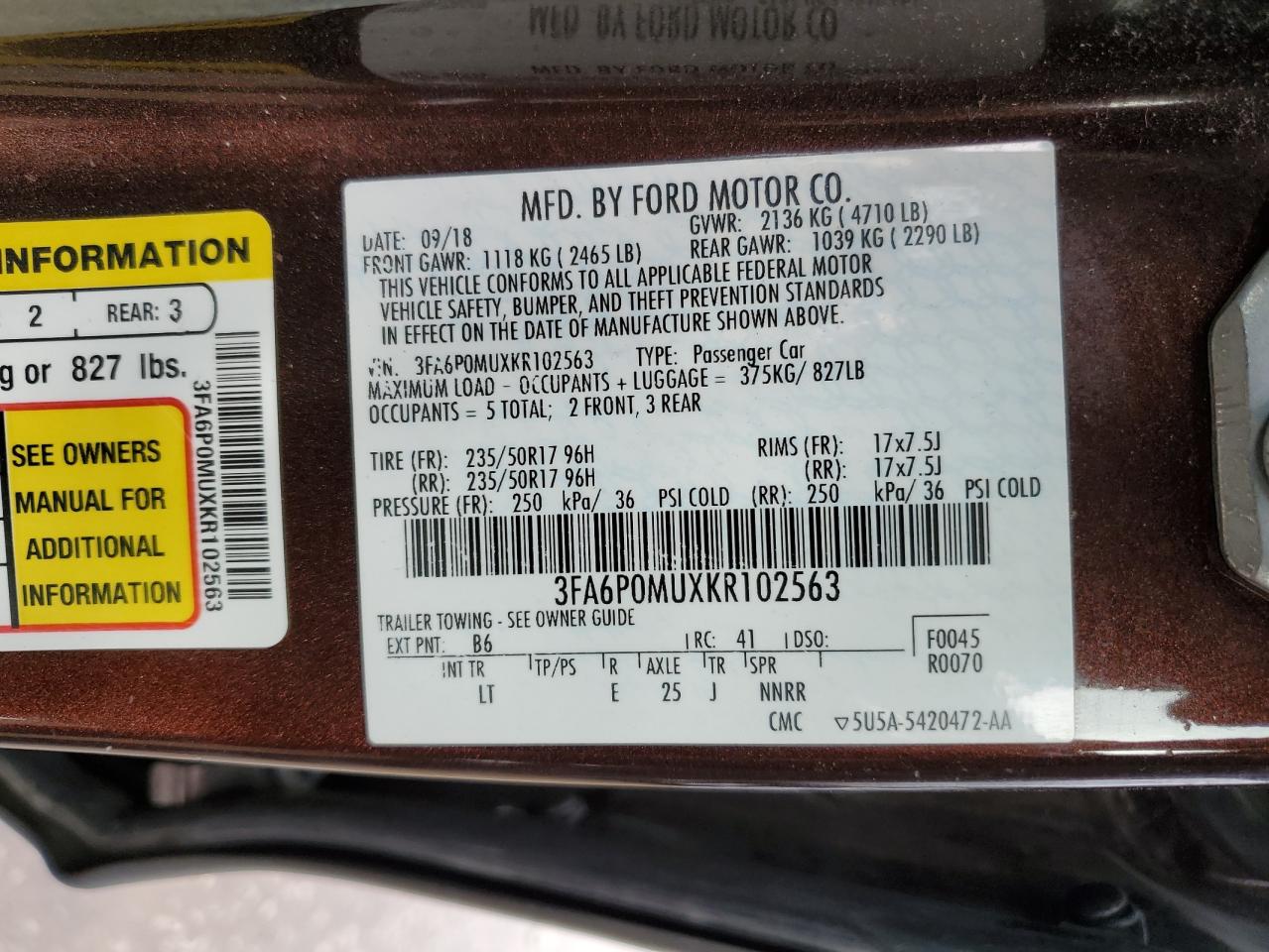 2019 Ford Fusion Sel VIN: 3FA6P0MUXKR102563 Lot: 78242434