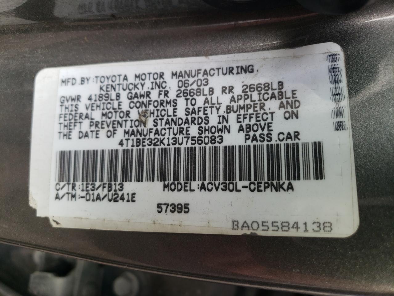 4T1BE32K13U756083 2003 Toyota Camry Le