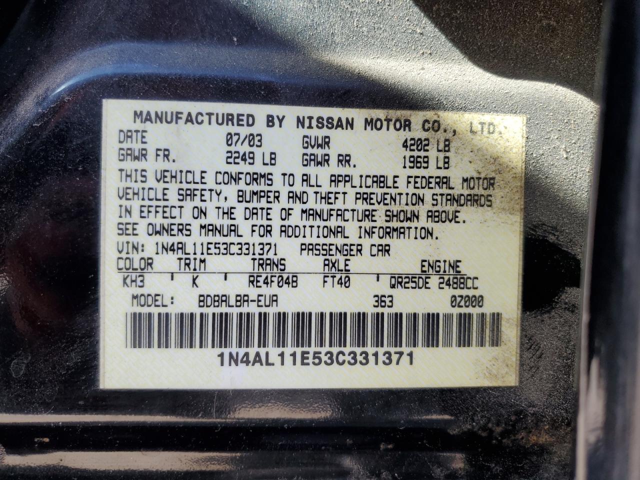 2003 Nissan Altima Base VIN: 1N4AL11E53C331371 Lot: 76796424