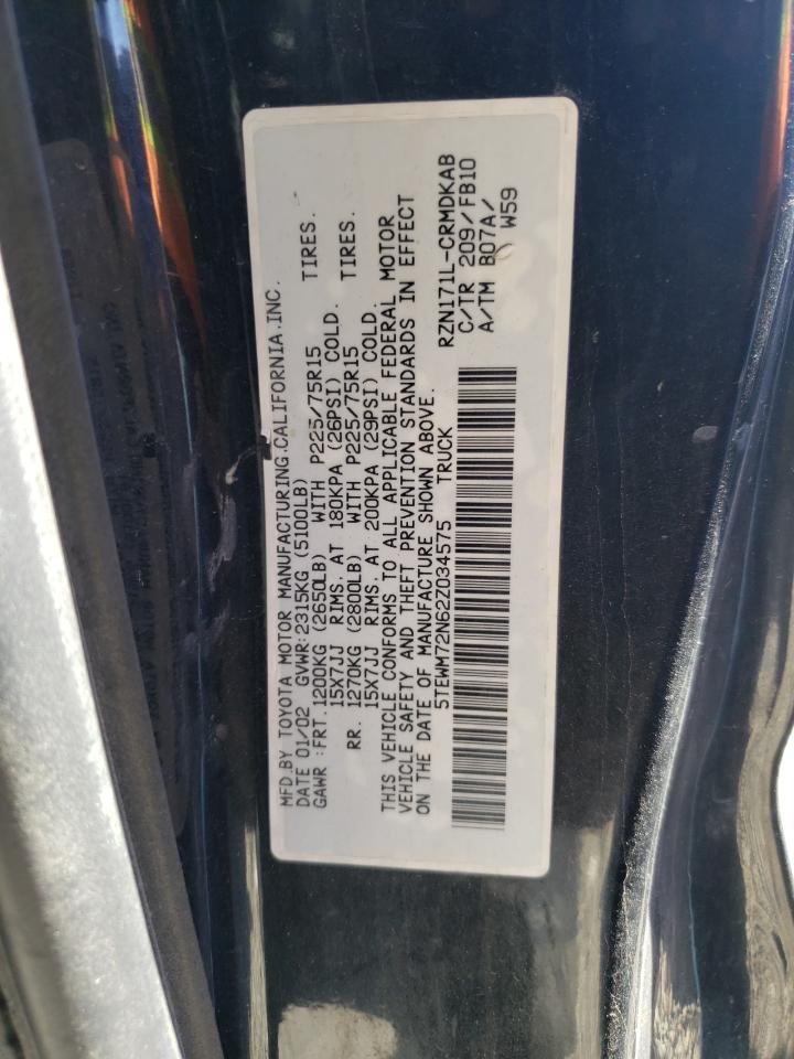 2002 Toyota Tacoma Xtracab VIN: 5TEWM72N62Z034575 Lot: 75749934