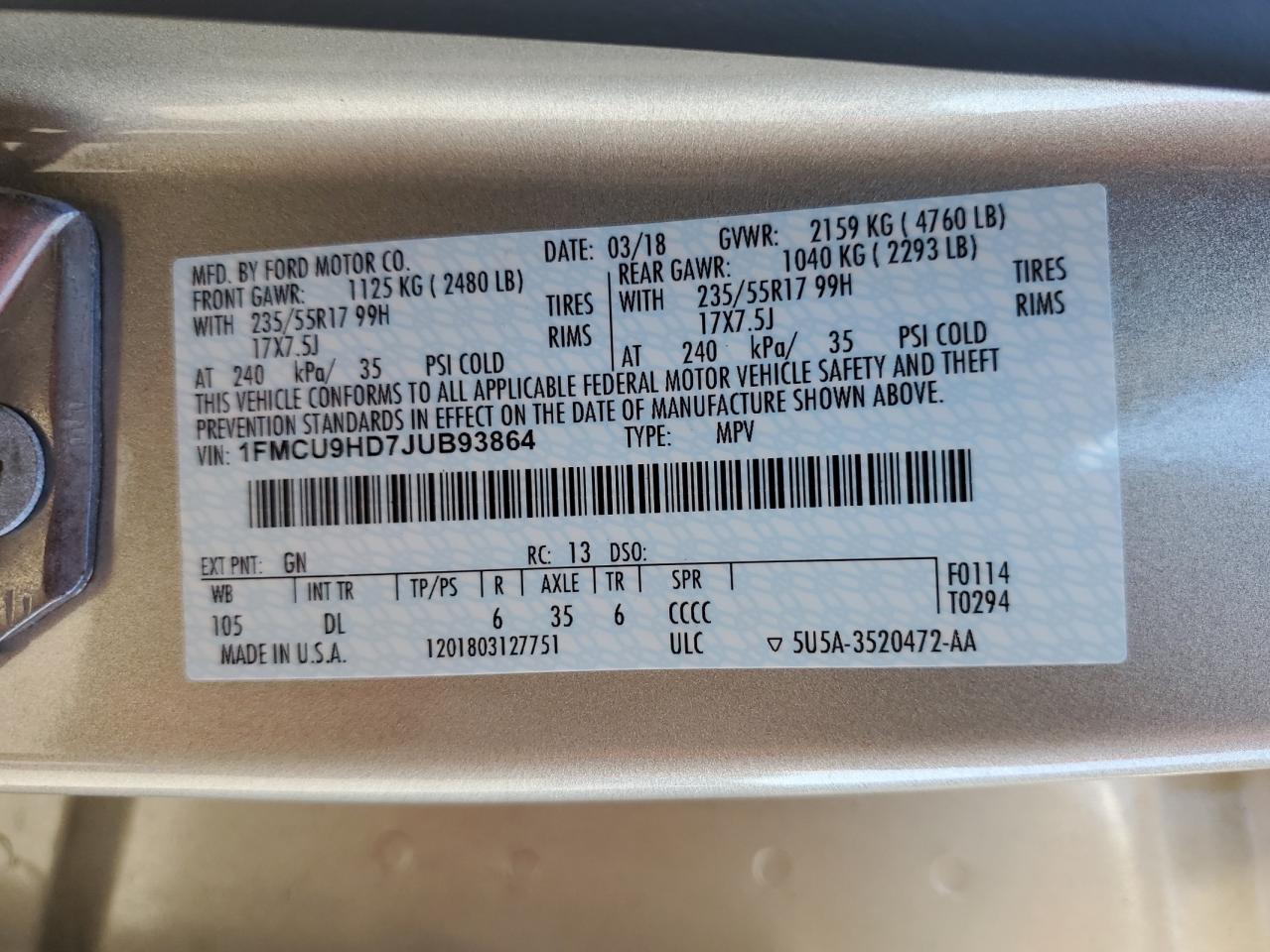 1FMCU9HD7JUB93864 2018 Ford Escape Sel