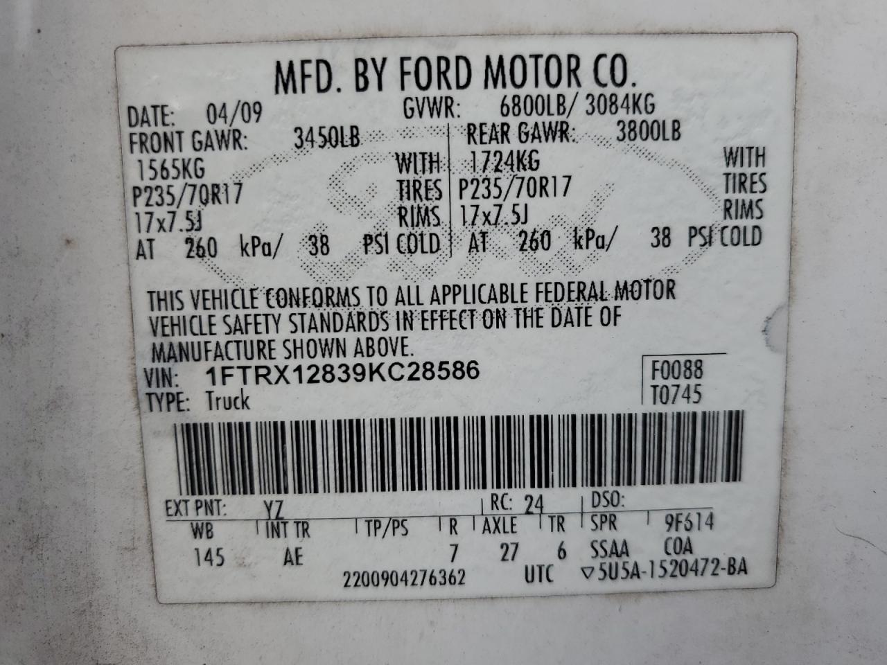 1FTRX12839KC28586 2009 Ford F150 Super Cab