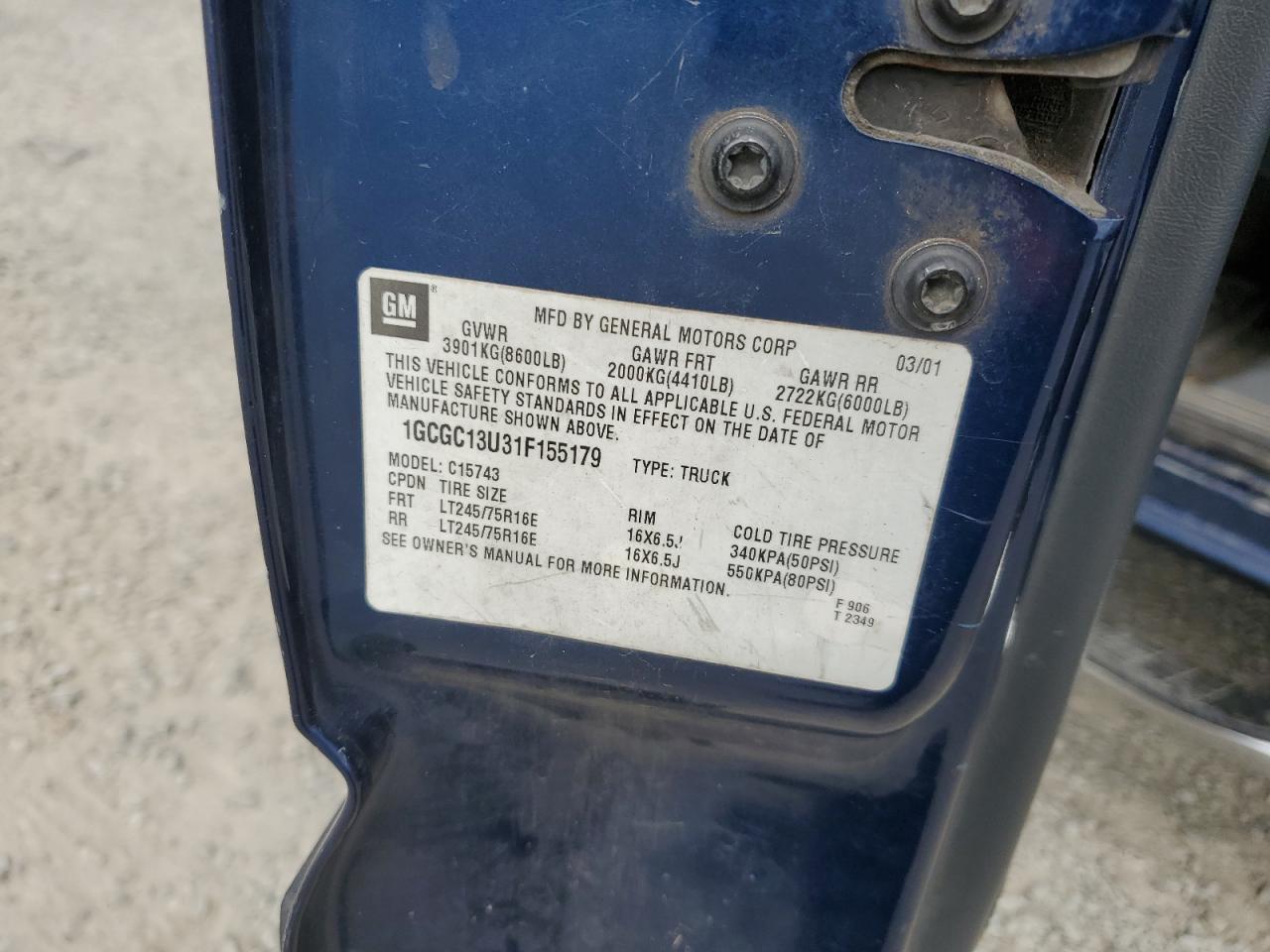2001 Chevrolet Silverado C1500 Heavy Duty VIN: 1GCGC13U31F155179 Lot: 75987634
