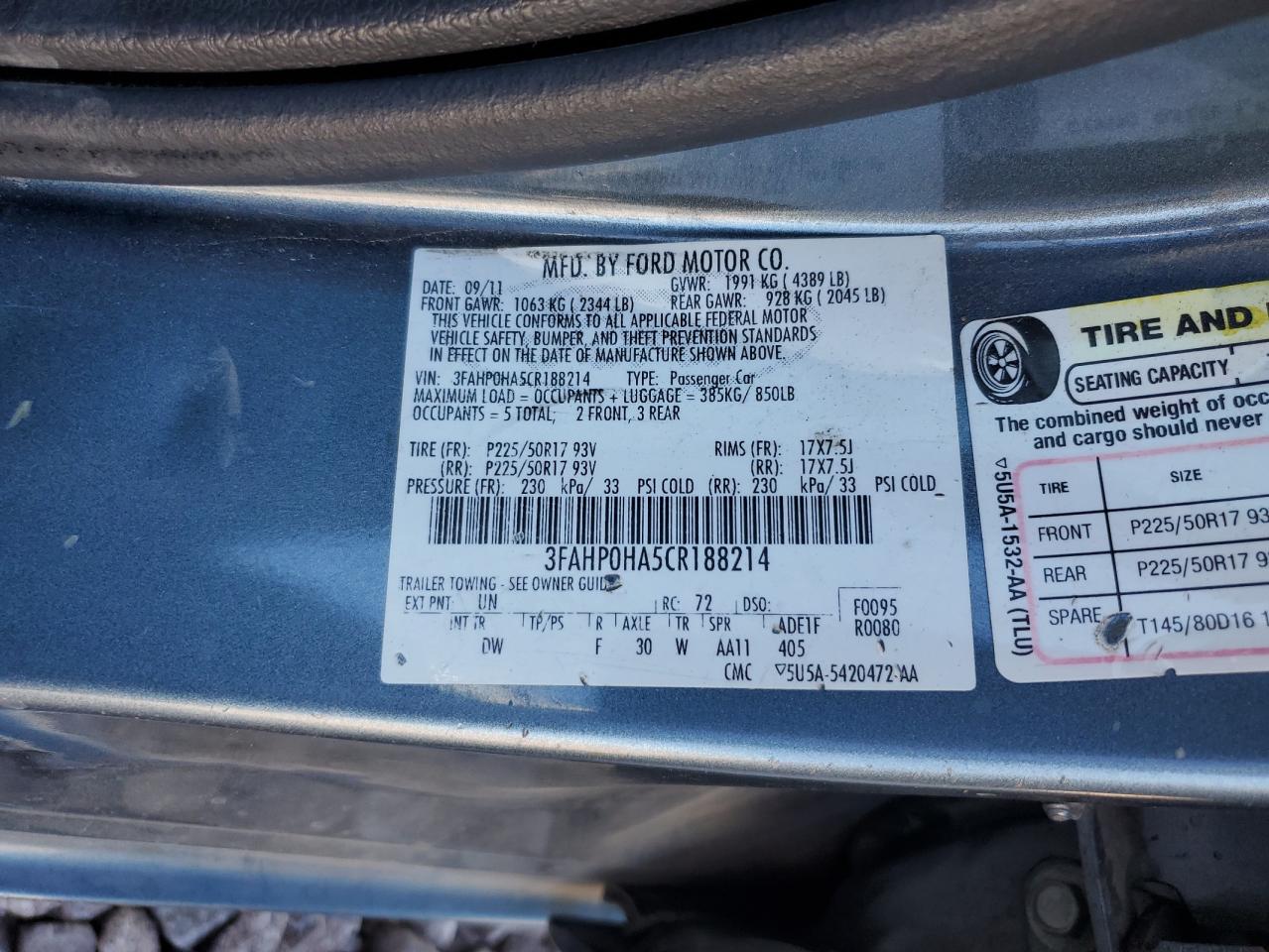 2012 Ford Fusion Se VIN: 3FAHP0HA5CR188214 Lot: 77745024