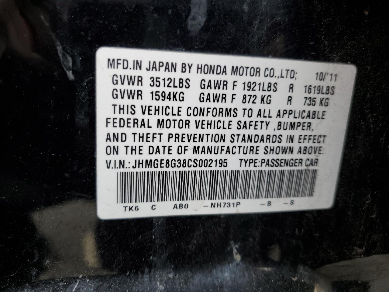 2012 Honda Fit VIN: JHMGE8G38CS002195 Lot: 75757294