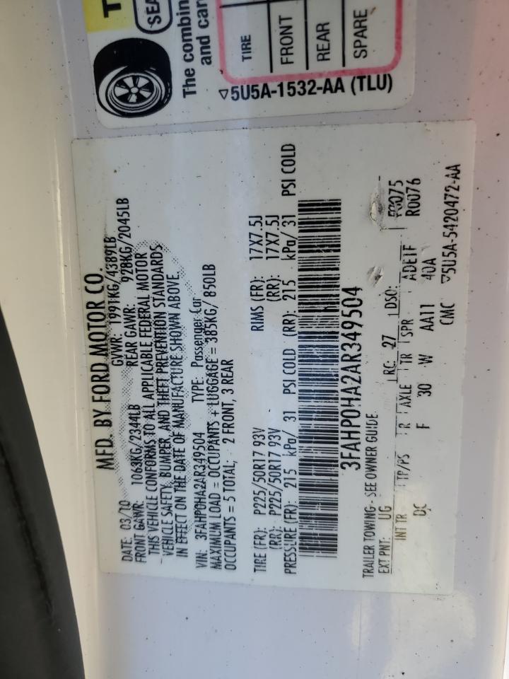 2010 Ford Fusion Se VIN: 3FAHP0HA2AR349504 Lot: 77646754