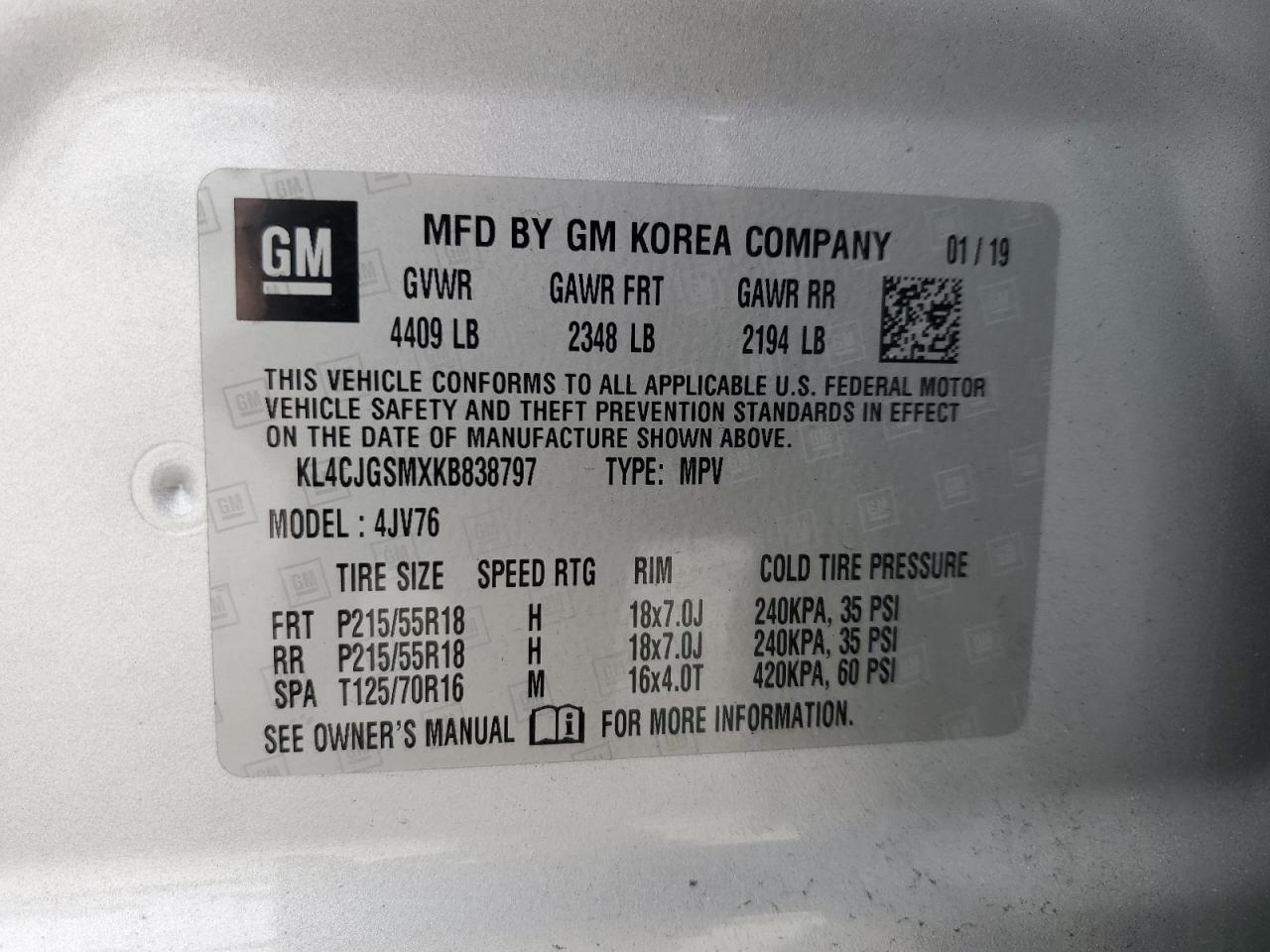 KL4CJGSMXKB838797 2019 Buick Encore Essence