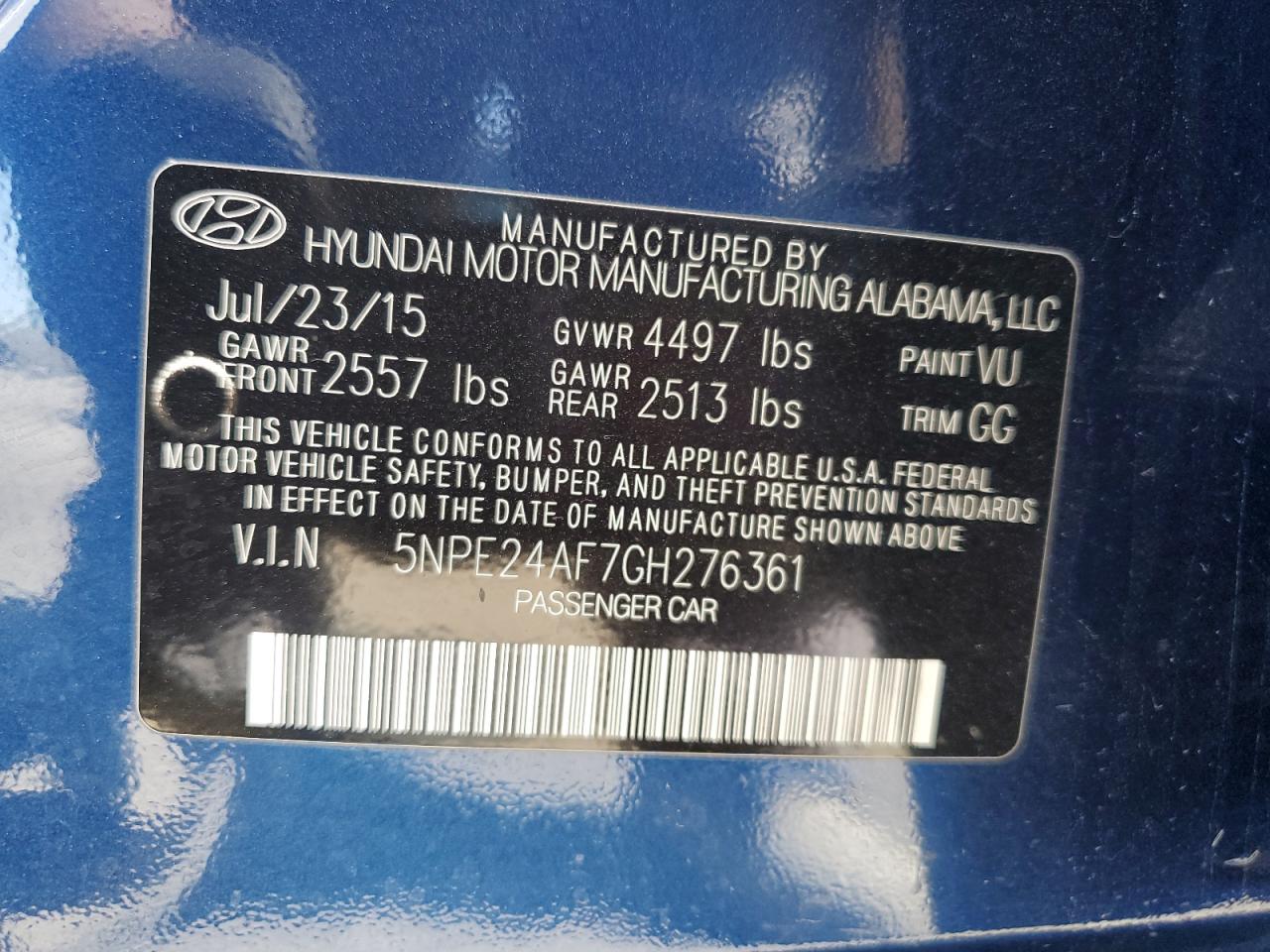 2016 Hyundai Sonata Se VIN: 5NPE24AF7GH276361 Lot: 73404654