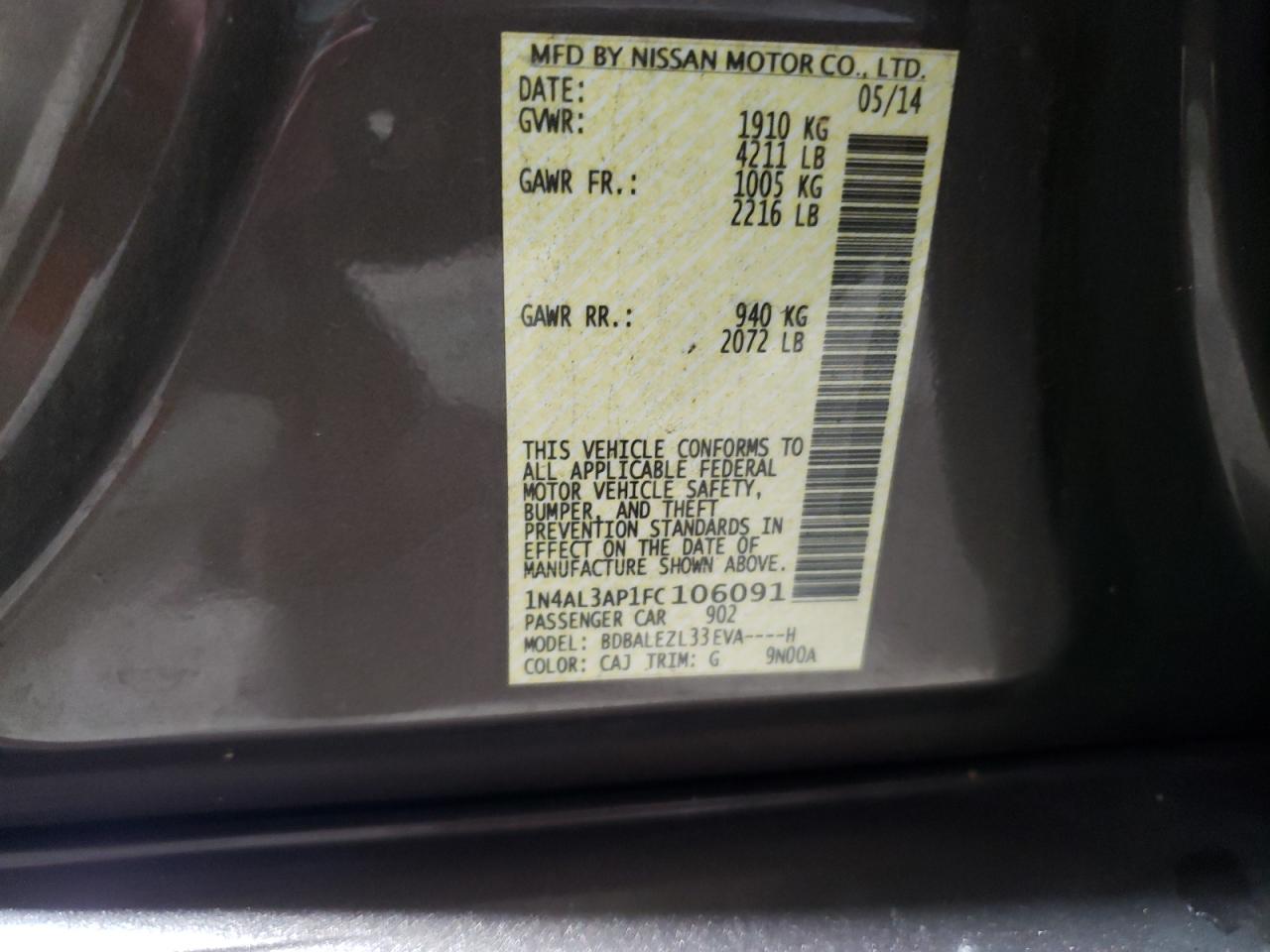 1N4AL3AP1FC106091 2015 Nissan Altima 2.5