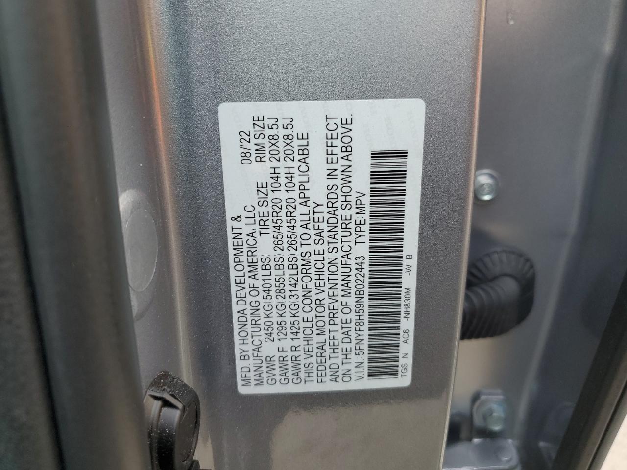 2022 Honda Passport Exl VIN: 5FNYF8H59NB022443 Lot: 75939234