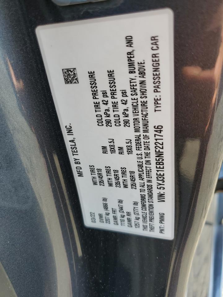 5YJ3E1EB5NF221746 2022 Tesla Model 3