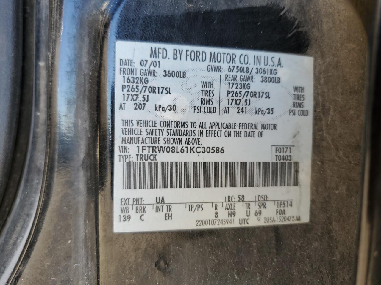 2001 Ford F150 Supercrew VIN: 1FTRW08L61KC30586 Lot: 74439124