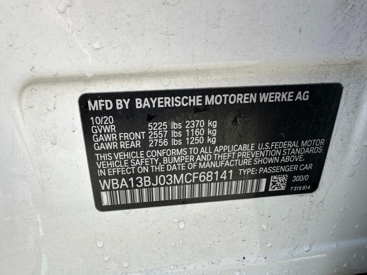 2021 BMW 530 Xi VIN: WBA13BJ03MCF68141 Lot: 79080074