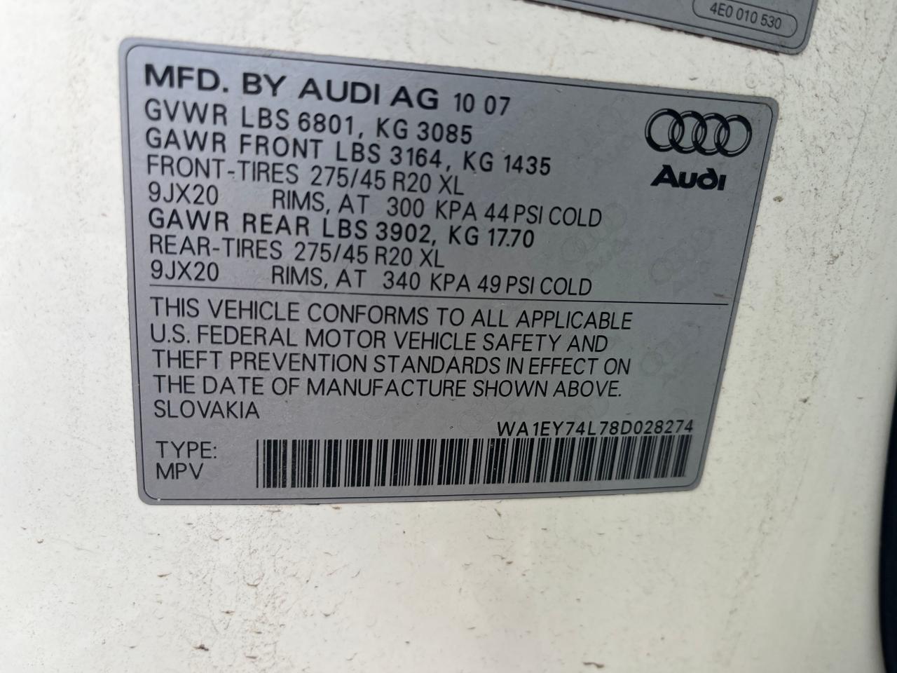 WA1EY74L78D028274 2008 Audi Q7 3.6 Qua