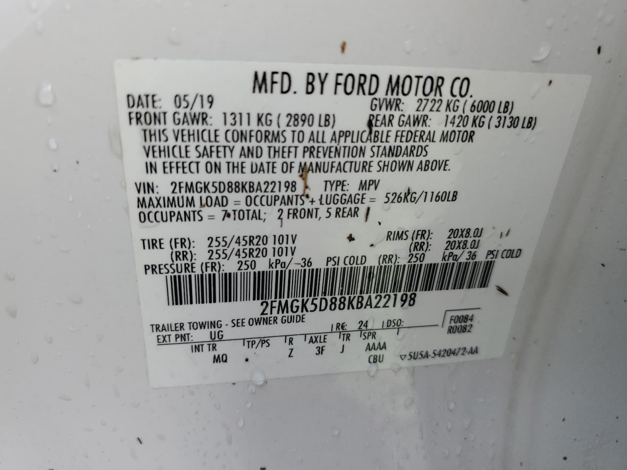 2019 Ford Flex Limit VIN: 2FMGK5D88KBA22198 Lot: 81204654