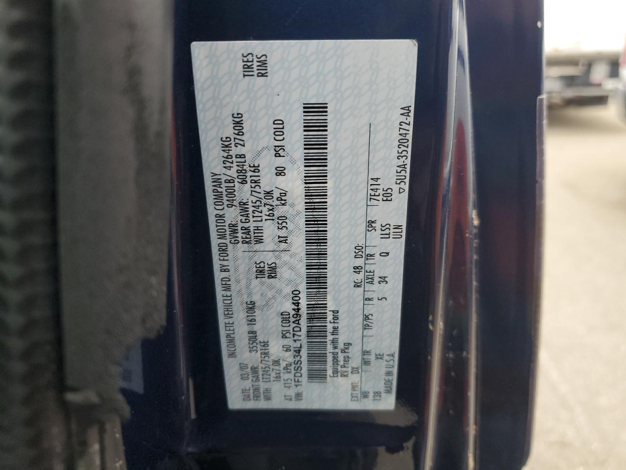 2007 Ford Econoline E350 Super Duty Van VIN: 1FDSS34L17DA94400 Lot: 92120995