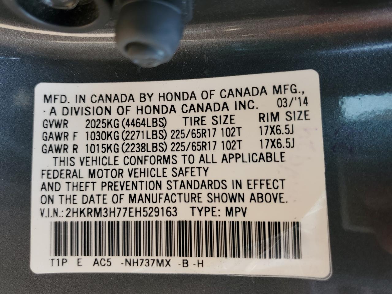 2HKRM3H77EH529163 2014 Honda Cr-V Exl