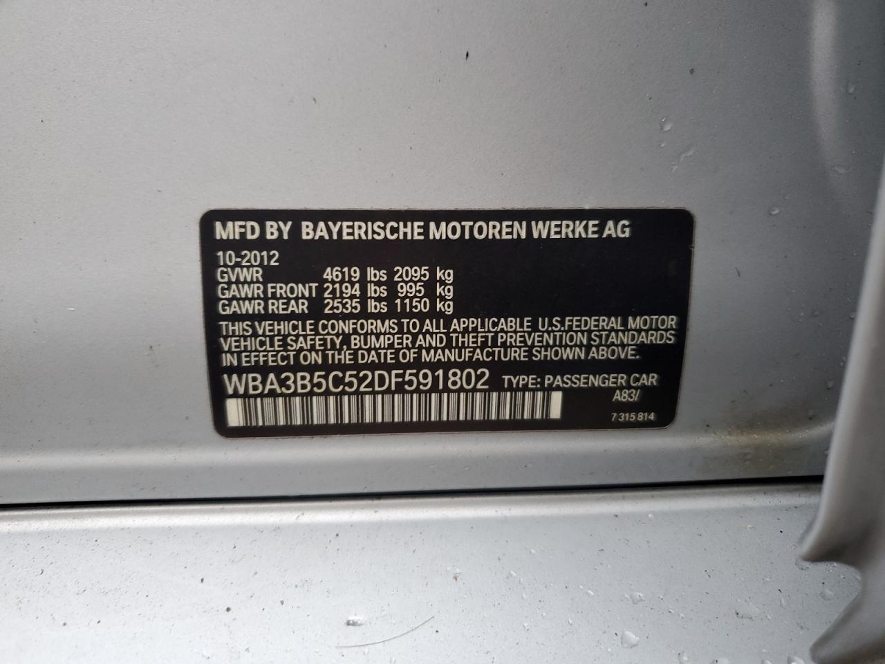 2013 BMW 328 Xi Sulev VIN: WBA3B5C52DF591802 Lot: 76166584