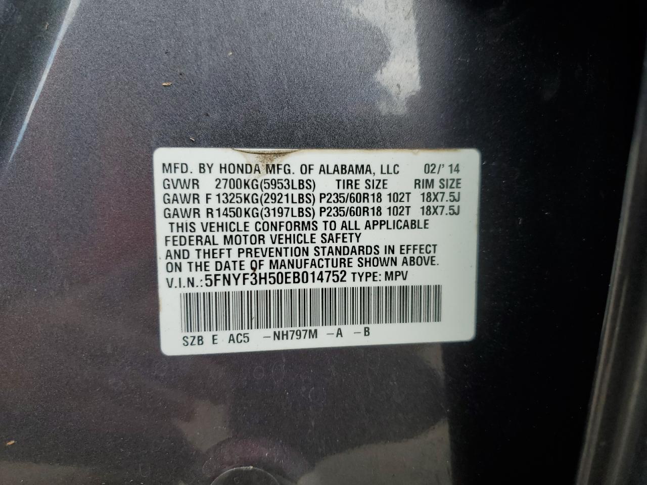 5FNYF3H50EB014752 2014 Honda Pilot Exl