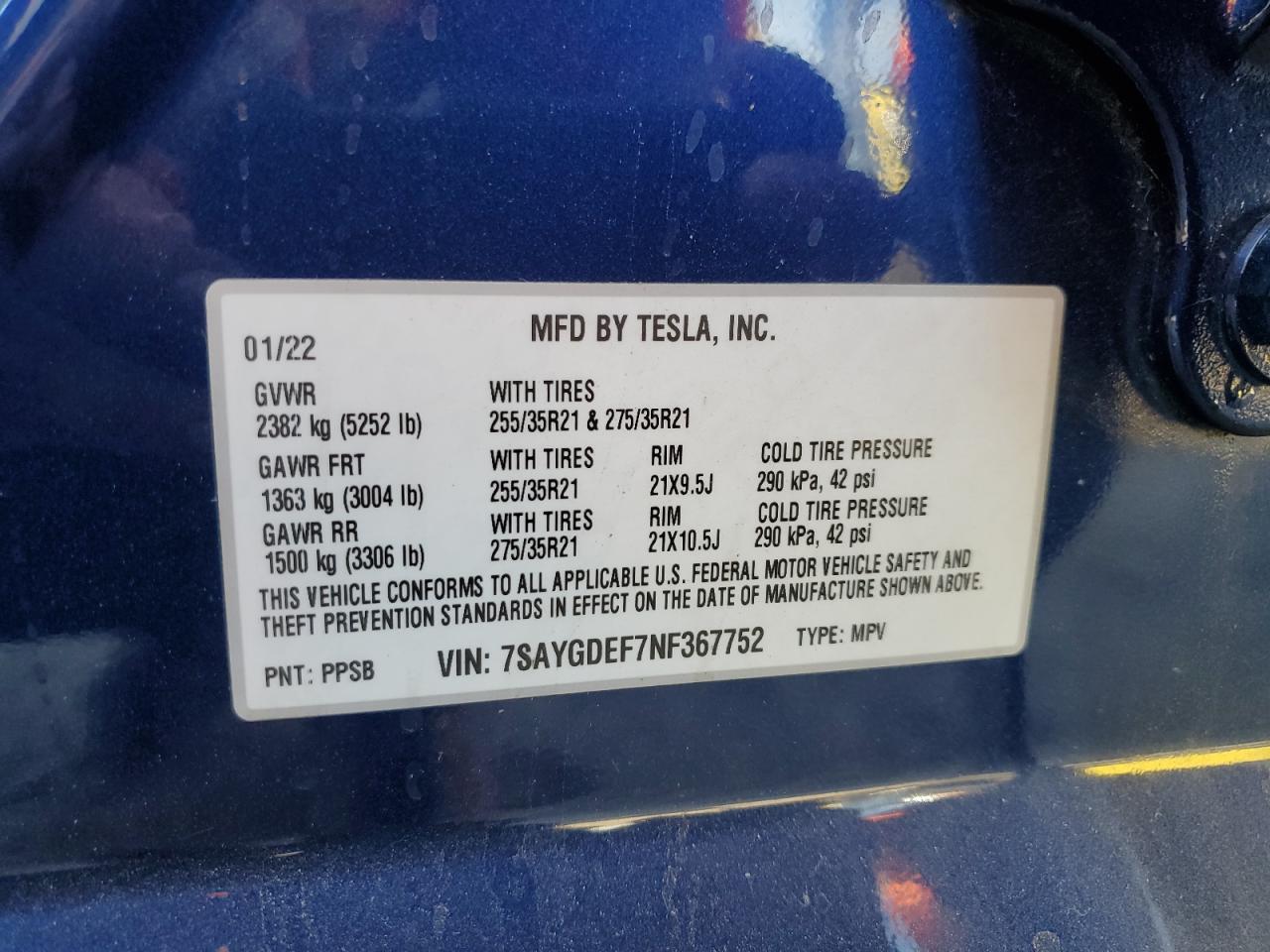 2022 Tesla Model Y VIN: 7SAYGDEF7NF367752 Lot: 73752524