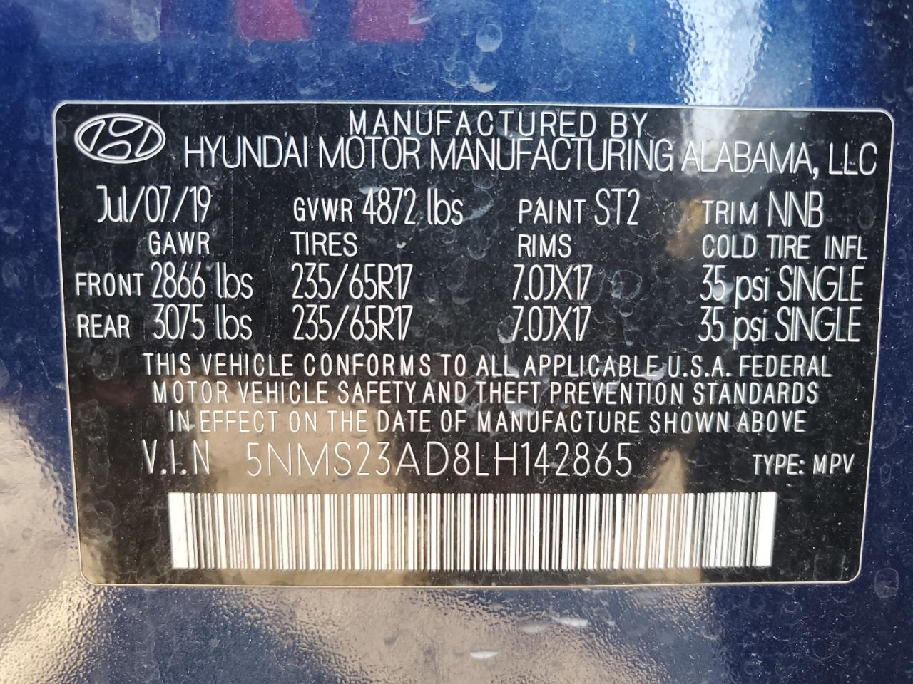 5NMS23AD8LH142865 2020 Hyundai Santa Fe Se