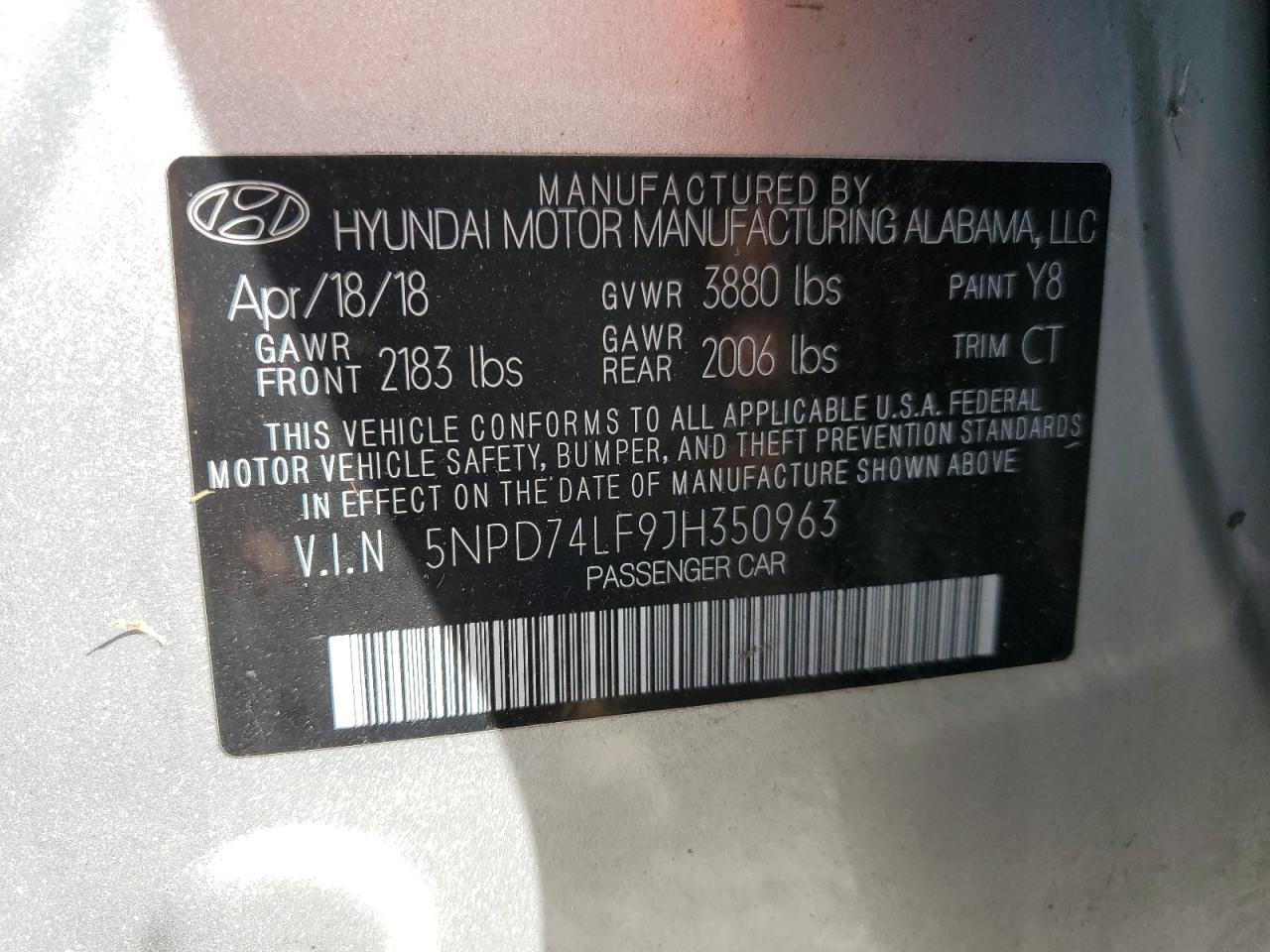 5NPD74LF9JH350963 2018 Hyundai Elantra Se