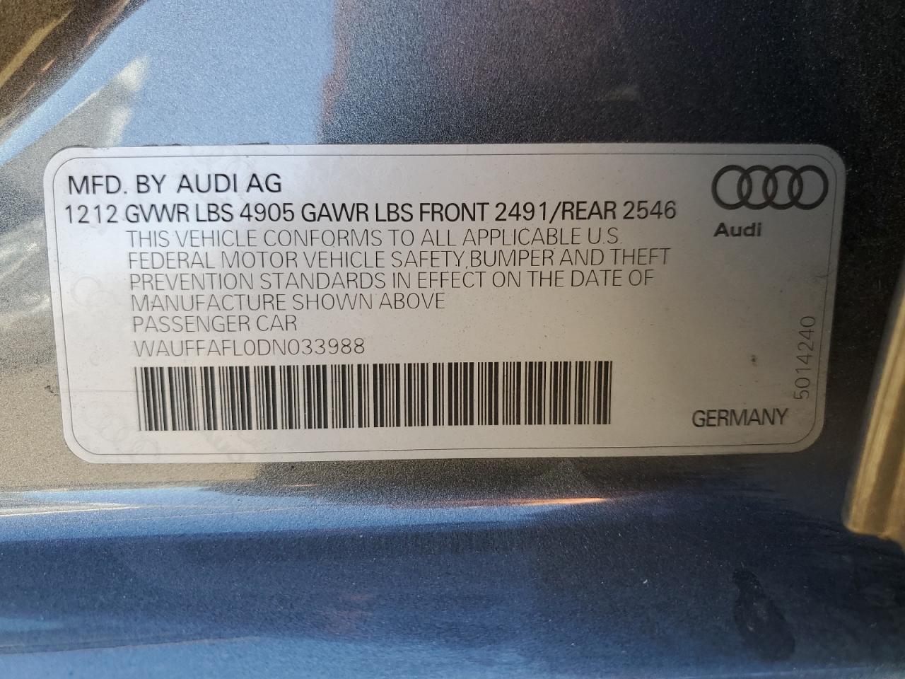 2013 Audi A4 Premium Plus VIN: WAUFFAFL0DN033988 Lot: 76180764