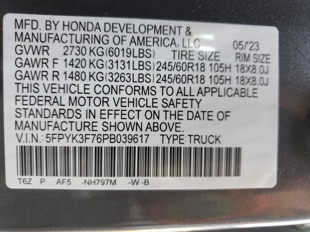 2023 Honda Ridgeline Rtl-E VIN: 5FPYK3F76PB039617 Lot: 75030524