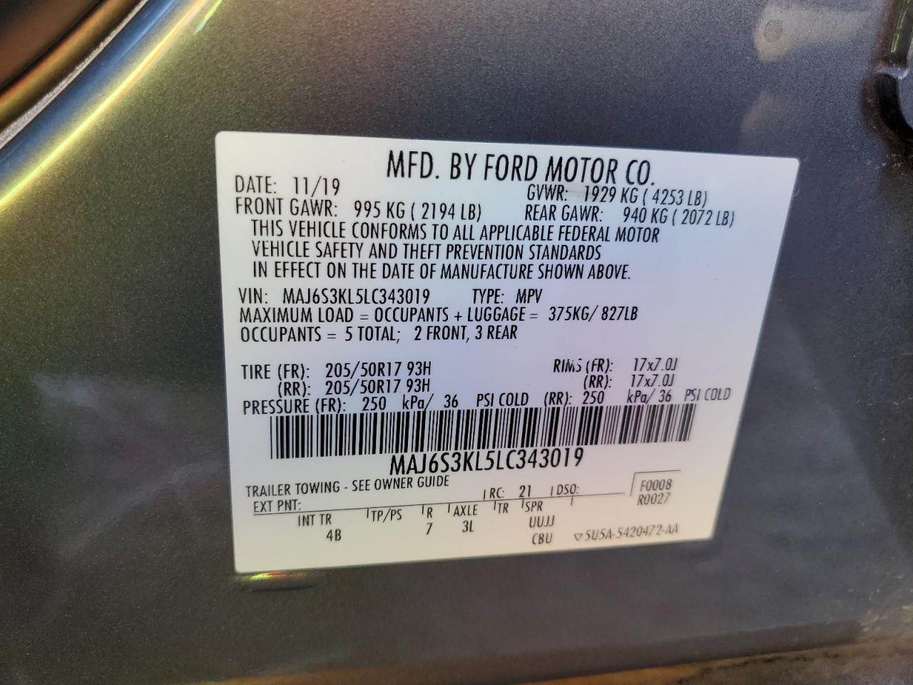 2020 Ford Ecosport Titanium VIN: MAJ6S3KL5LC343019 Lot: 77355824