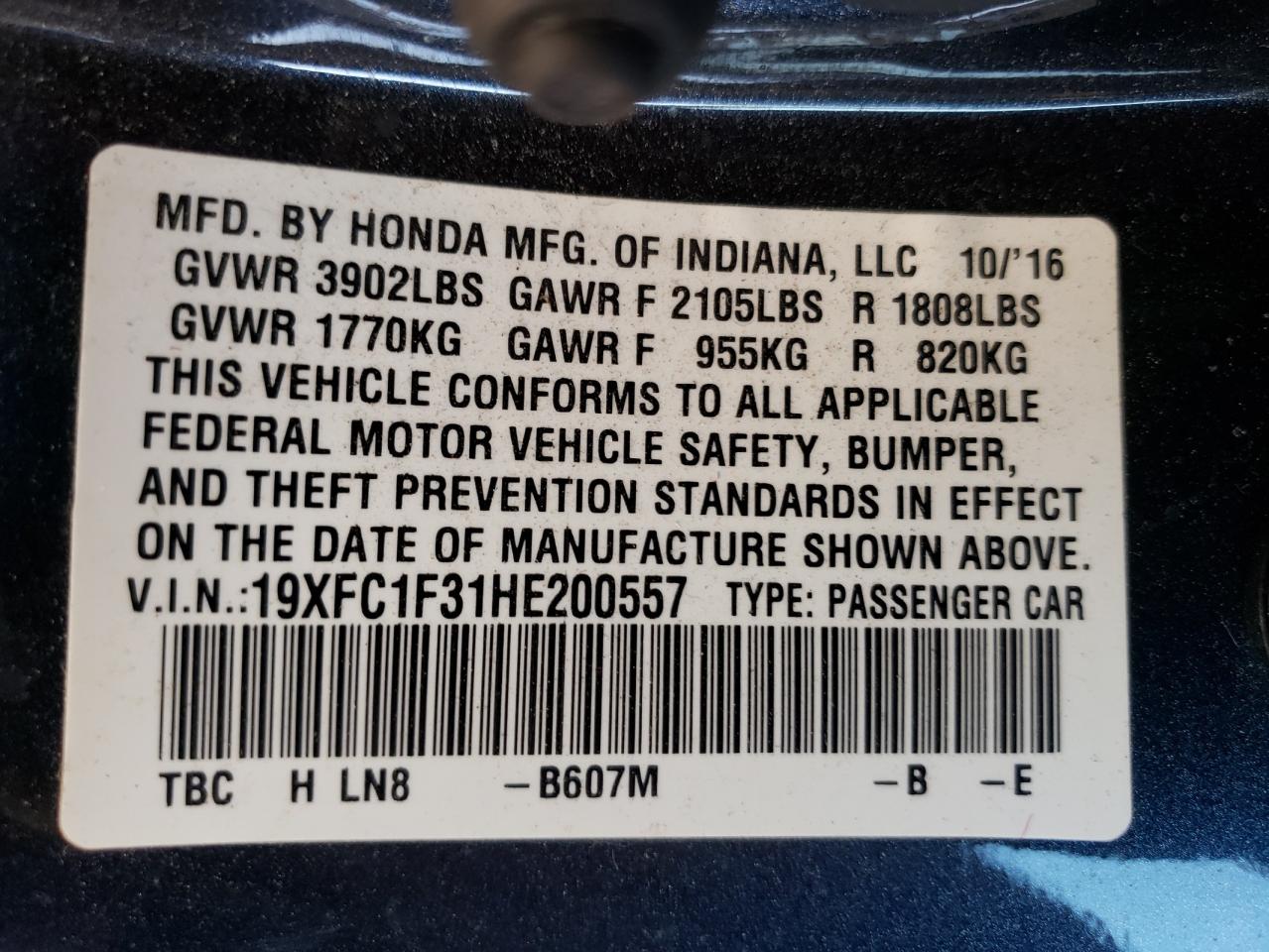 2017 Honda Civic Ex VIN: 19XFC1F31HE200557 Lot: 74133874