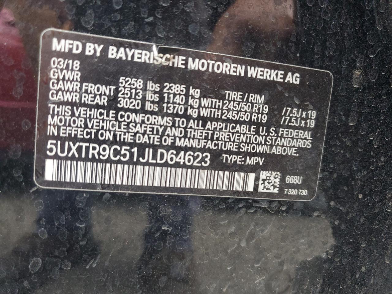 VIN 5UXTR9C51JLD64623 2018 BMW X3 no.12