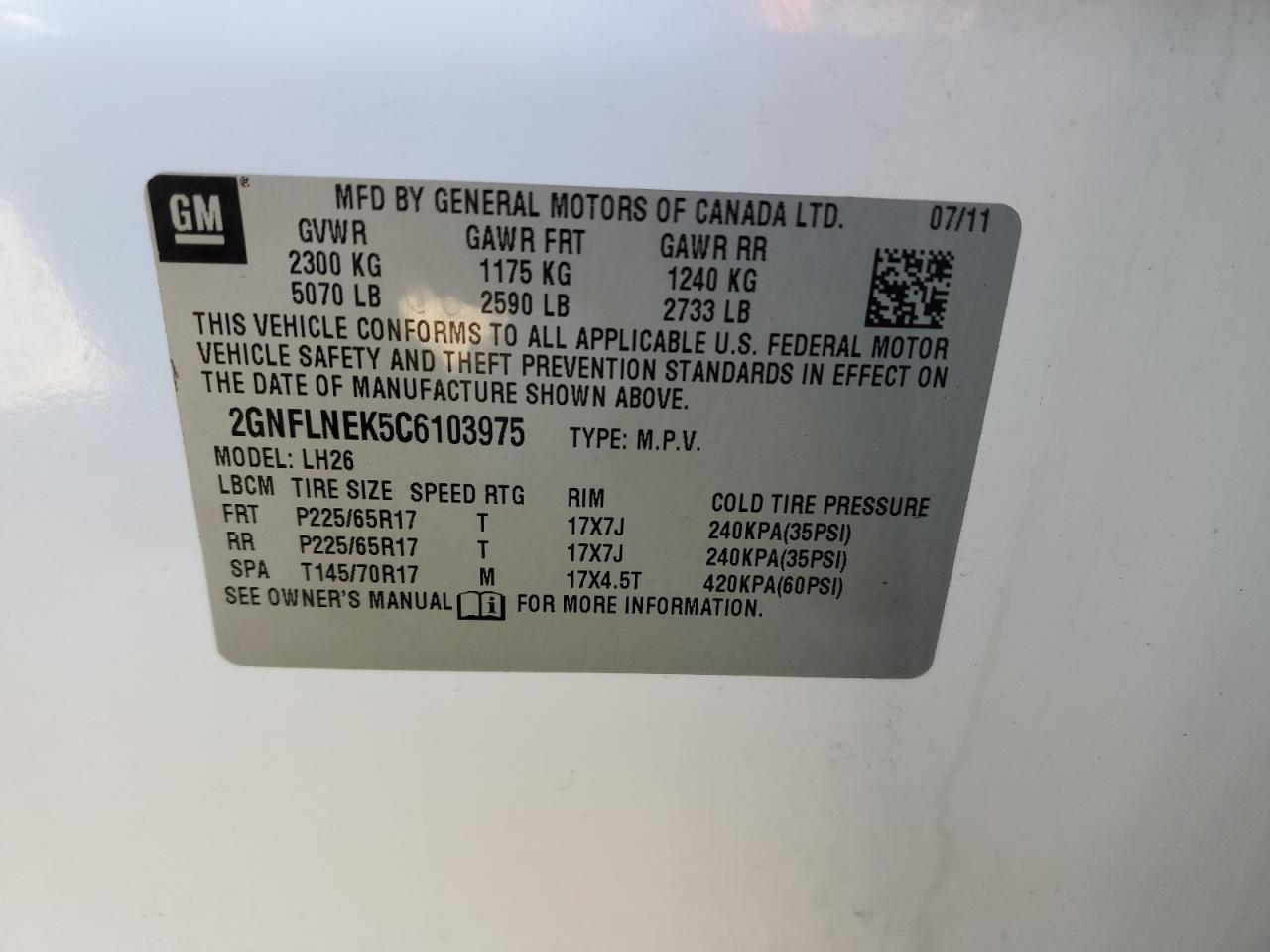 2GNFLNEK5C6103975 2012 Chevrolet Equinox Lt