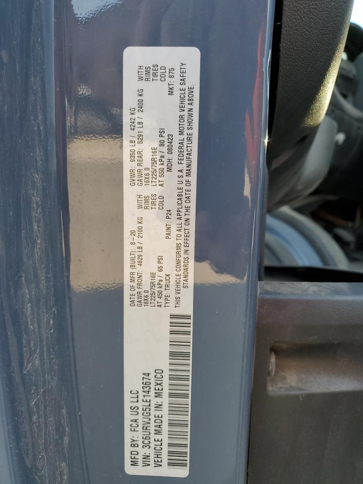 2020 Ram Promaster 3500 3500 High VIN: 3C6URVJG5LE143674 Lot: 75289034