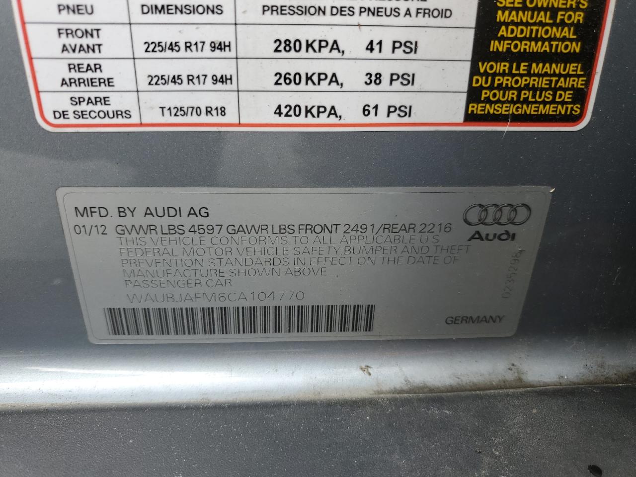 2012 Audi A3 Premium VIN: WAUBJAFM6CA104770 Lot: 75509044