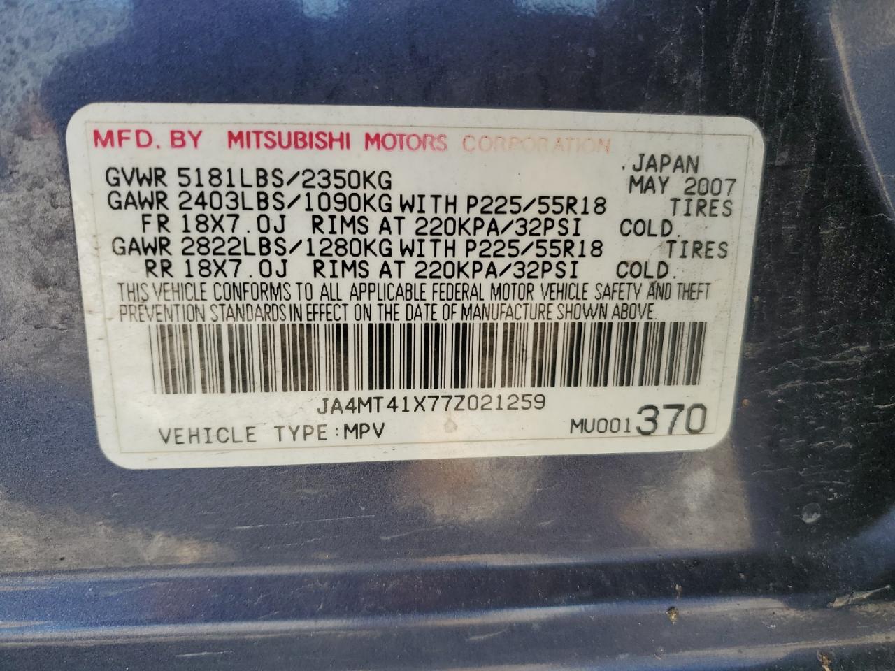 JA4MT41X77Z021259 2007 Mitsubishi Outlander Xls