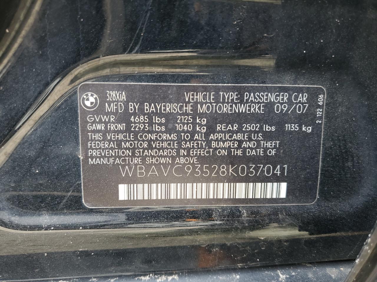 2008 BMW 328 Xi VIN: WBAVC93528K037041 Lot: 80386085