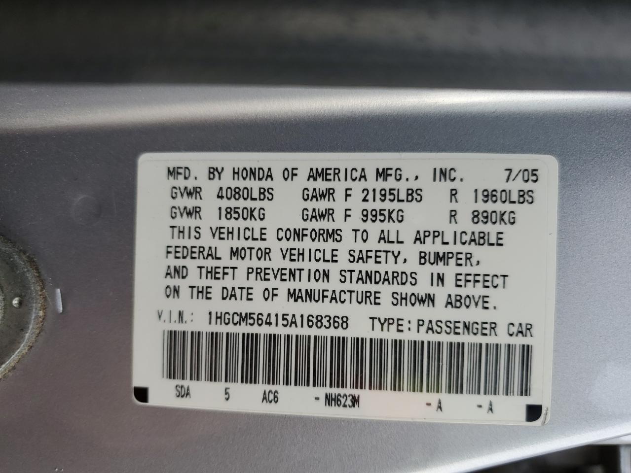 2005 Honda Accord Lx VIN: 1HGCM56415A168368 Lot: 78716554