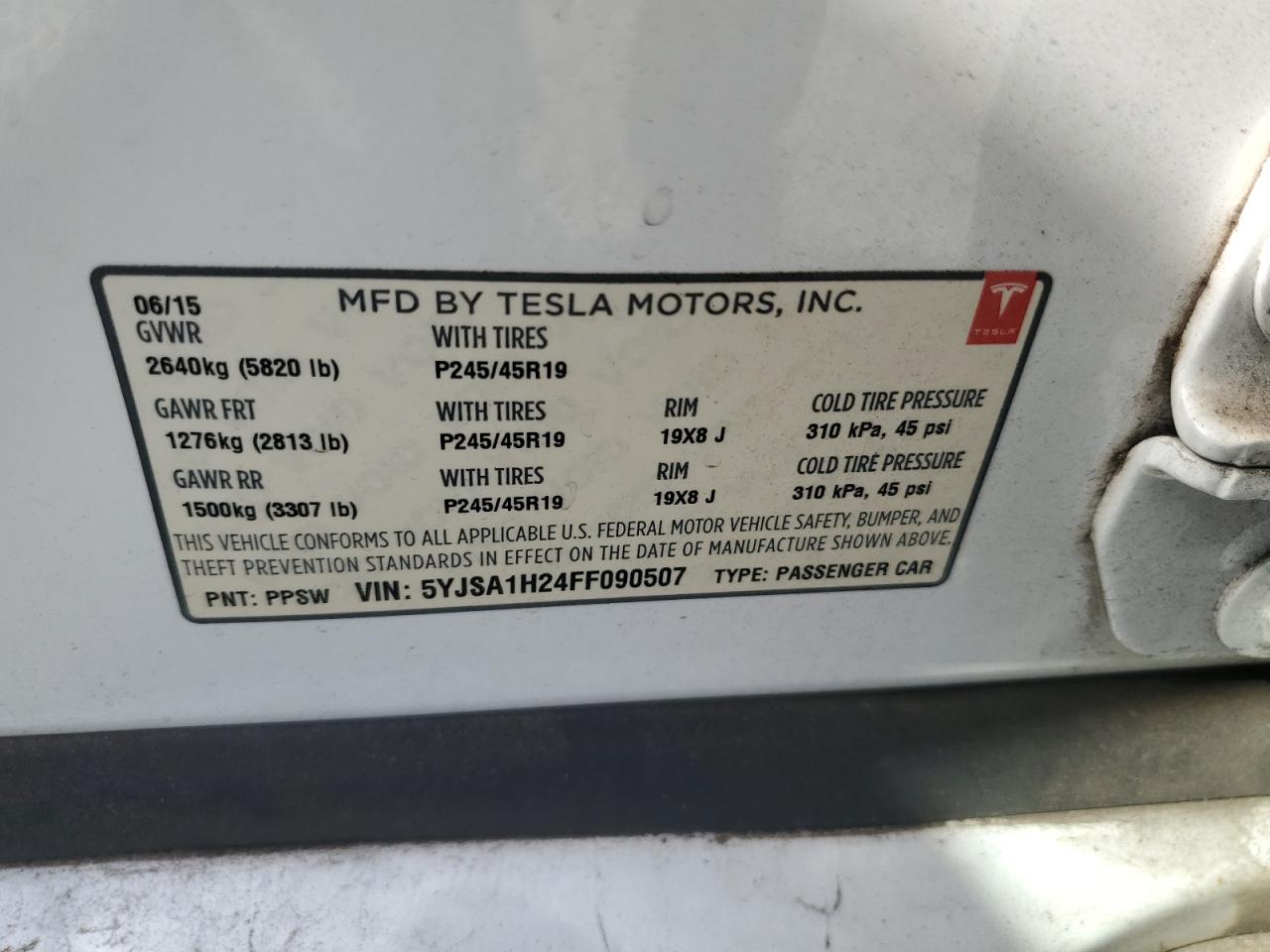 2015 Tesla Model S 85D VIN: 5YJSA1H24FF090507 Lot: 78192014