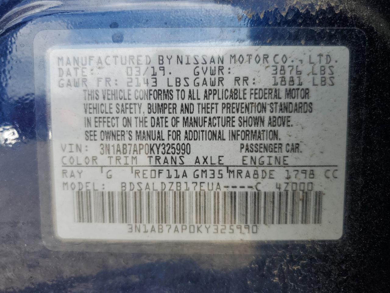 3N1AB7AP0KY325990 2019 Nissan Sentra S