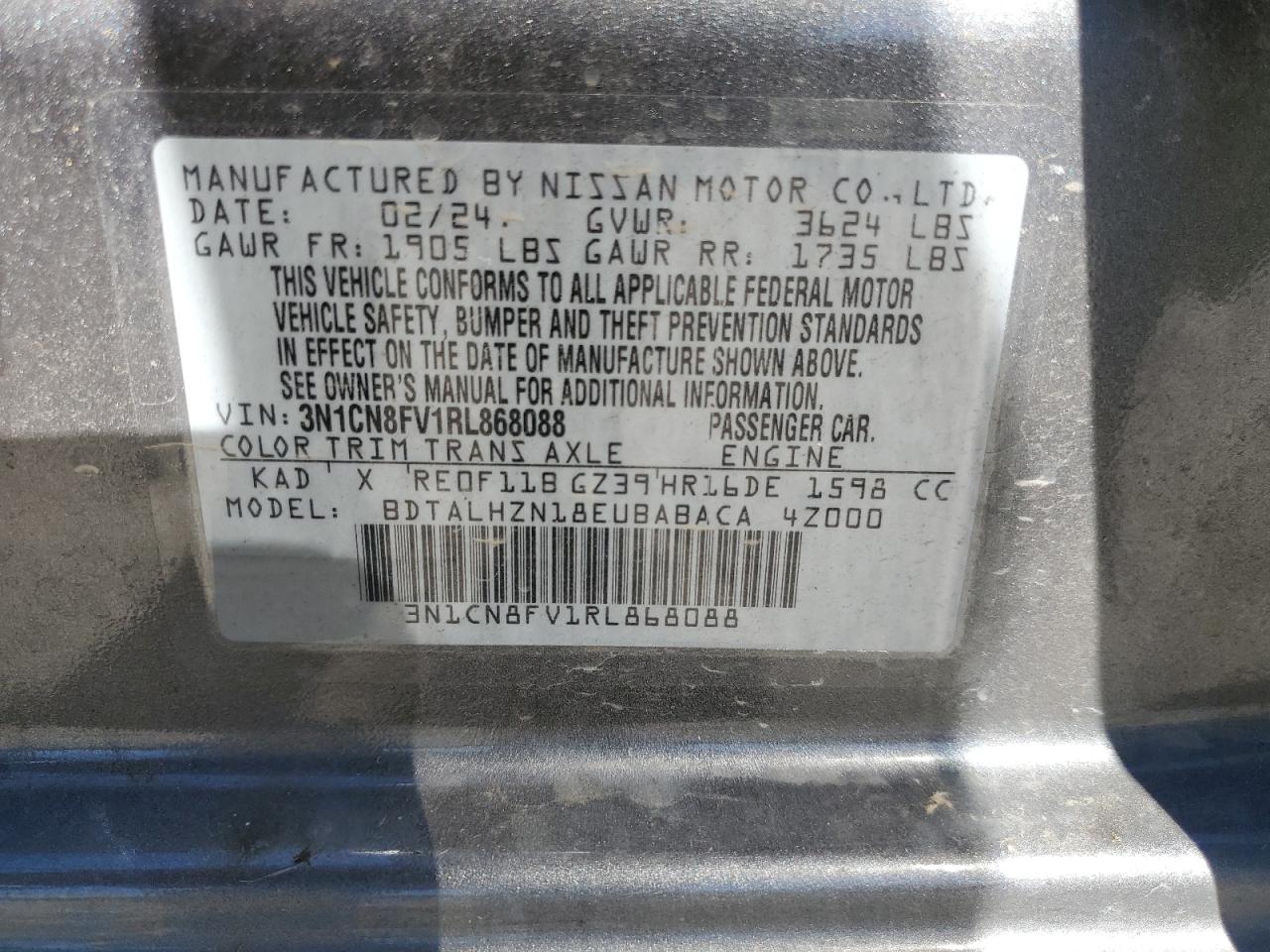 2024 Nissan Versa Sr VIN: 3N1CN8FV1RL868088 Lot: 76785244