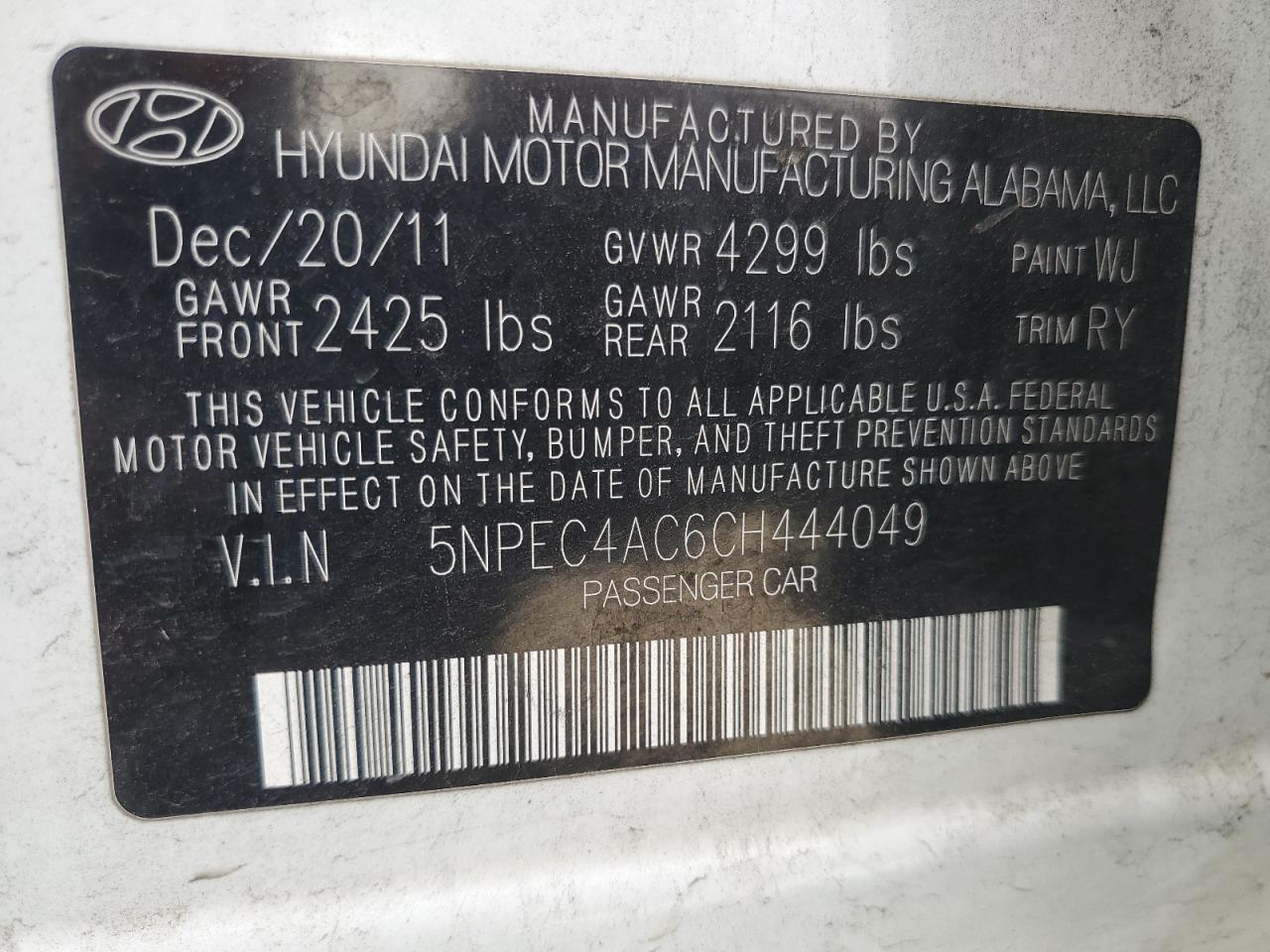 5NPEC4AC6CH444049 2012 Hyundai Sonata Se