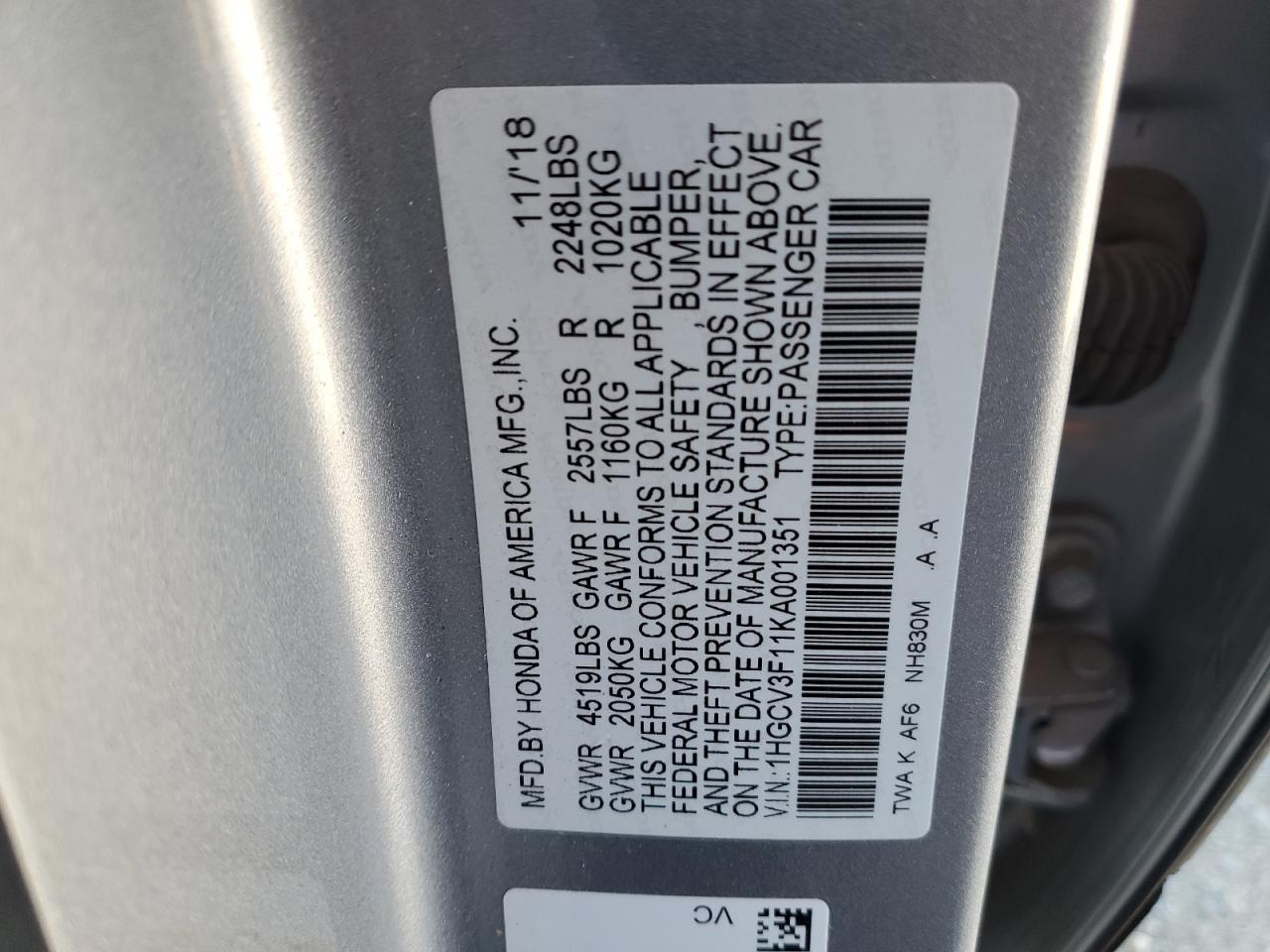 2019 Honda Accord Hybrid VIN: 1HGCV3F11KA001351 Lot: 78216744