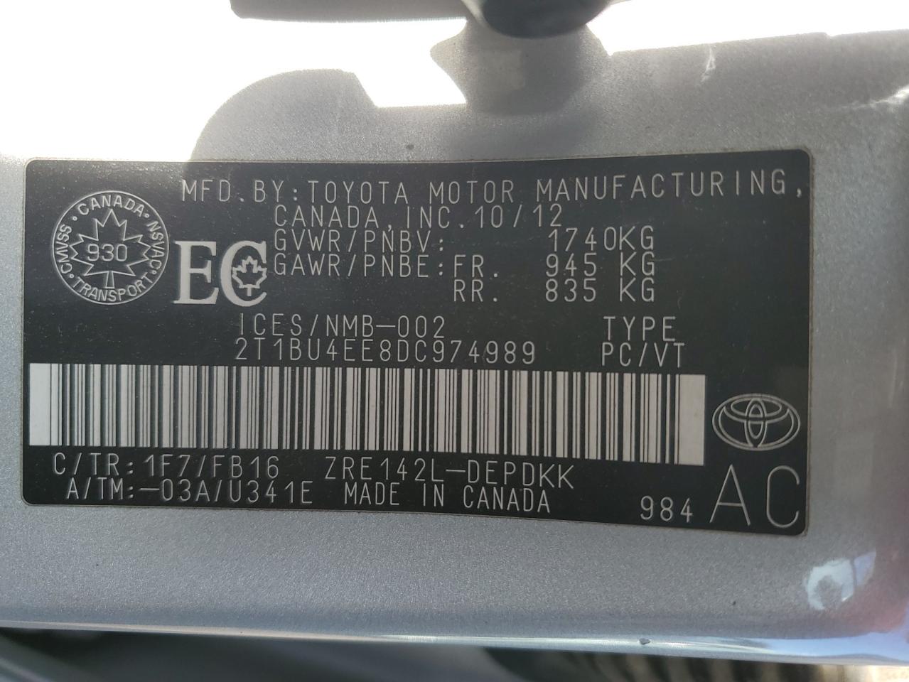 2T1BU4EE8DC974989 2013 Toyota Corolla Base