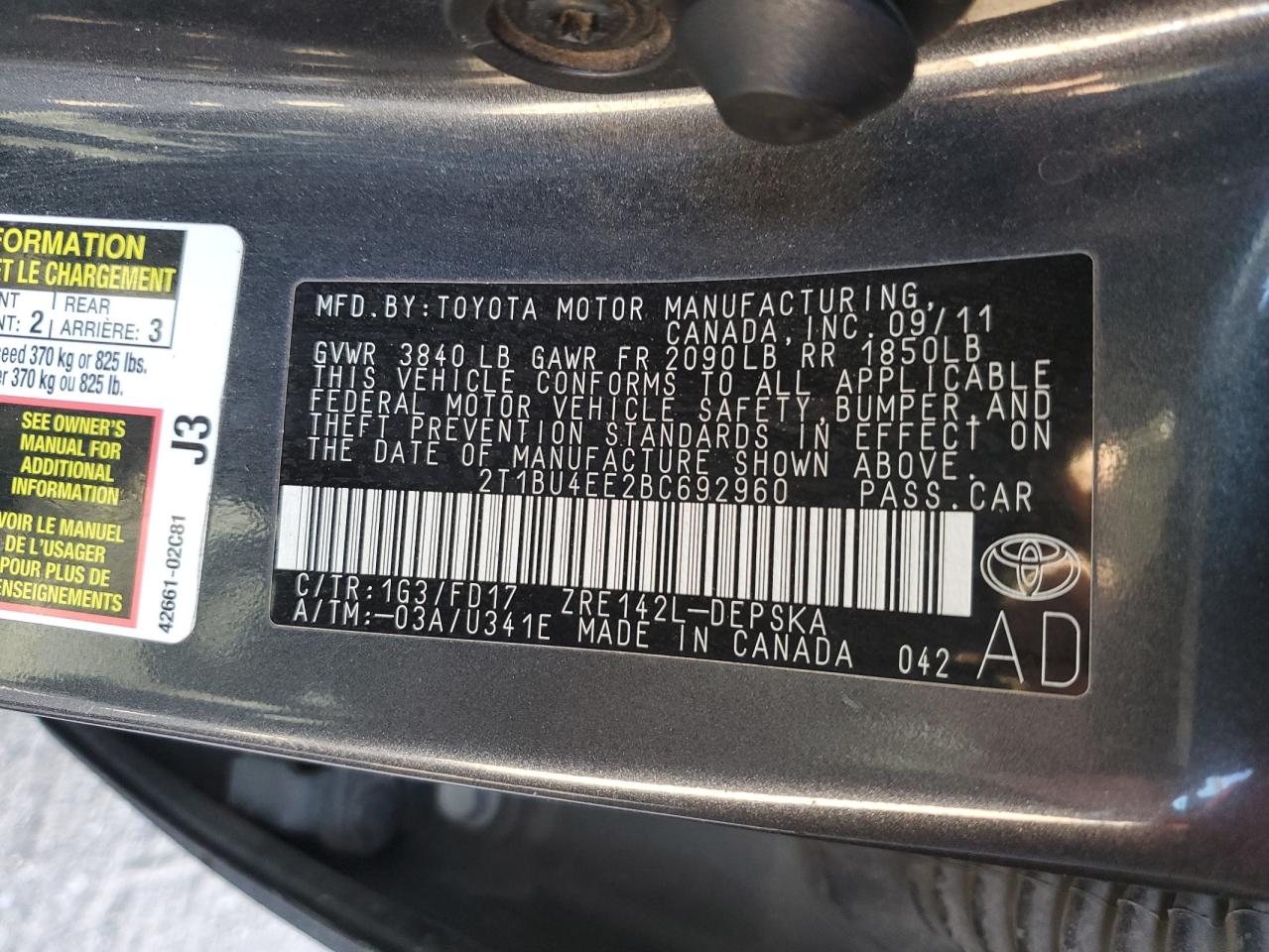 2T1BU4EE2BC692960 2011 Toyota Corolla Base