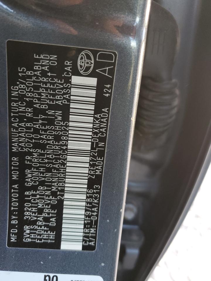 2016 Toyota Corolla L VIN: 2T1BURHE2GC498025 Lot: 50691205