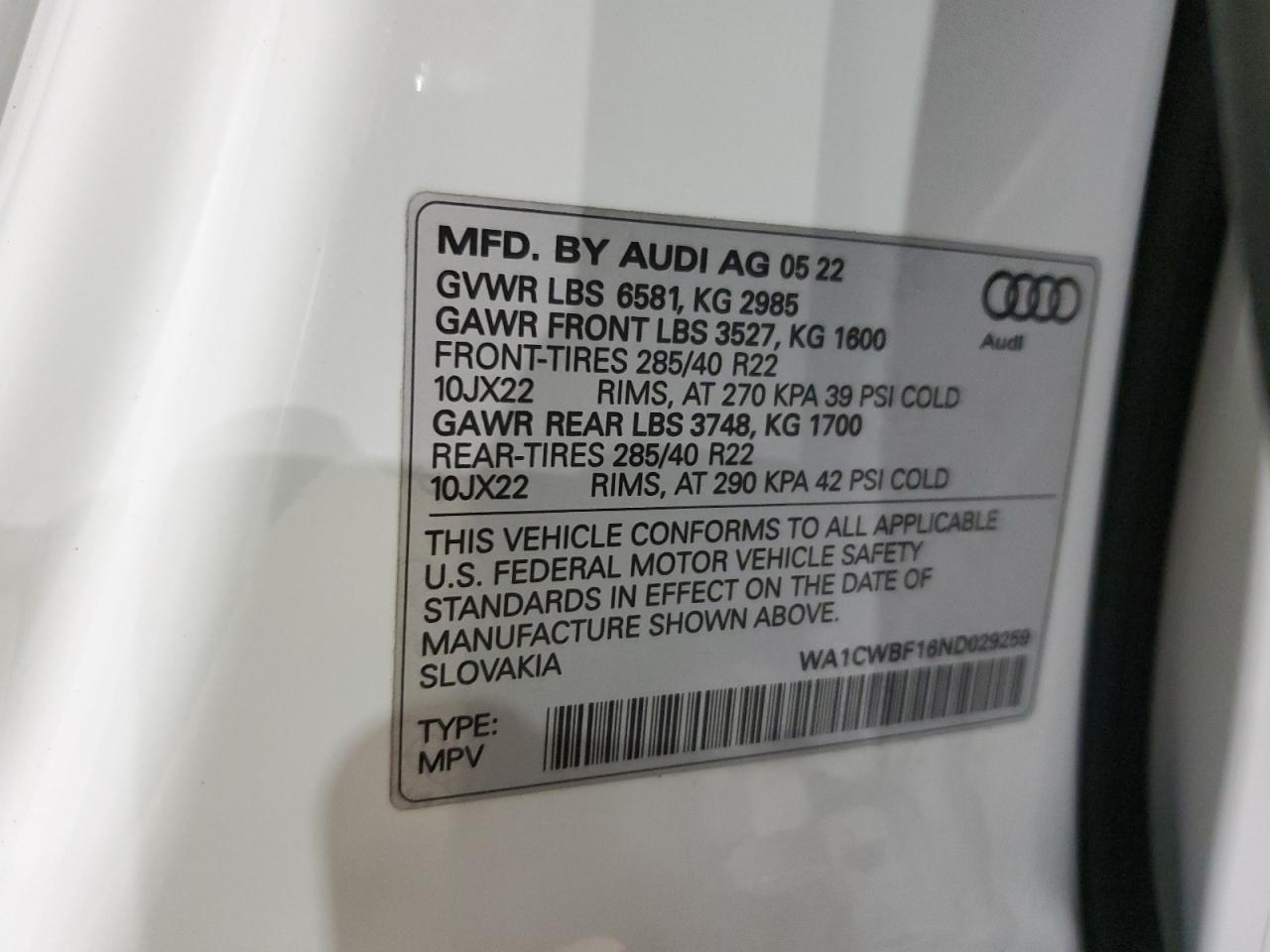 WA1CWBF16ND029259 2022 Audi Sq8 Prestige